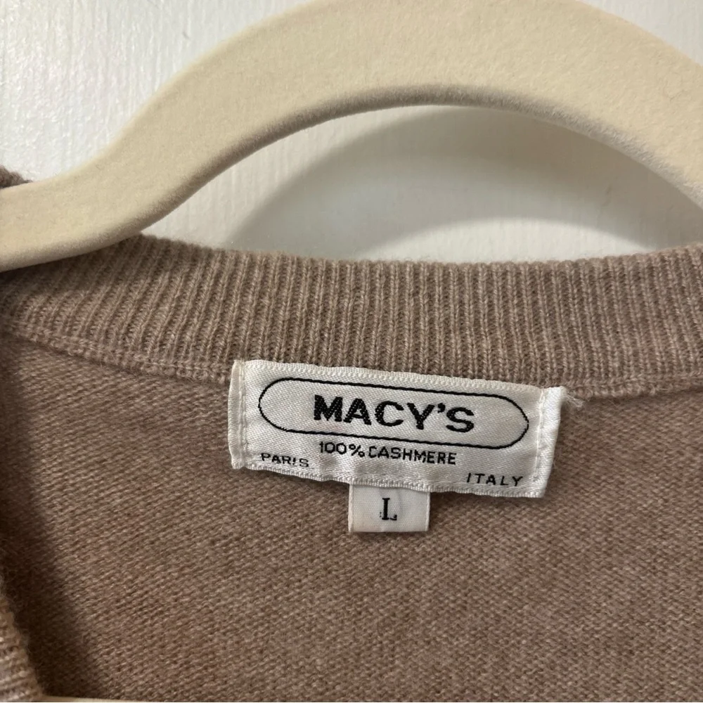 Vintage Macy’s 100% Cashmere V Neck Tan Sweater Vest Size L Italy Paris